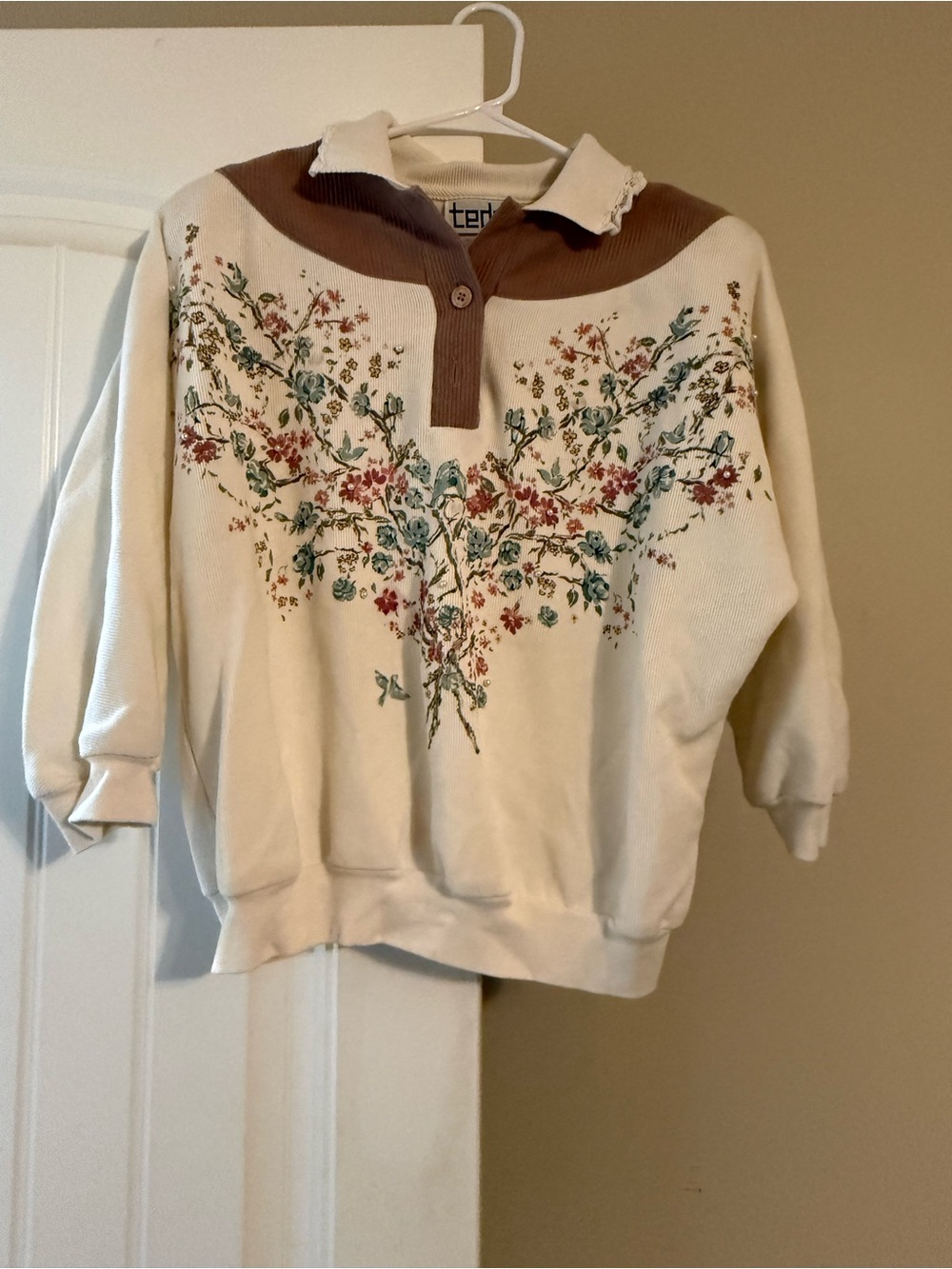 Teddi Cream Pullover Sweater with Brown Yoke and Floral Embroidery